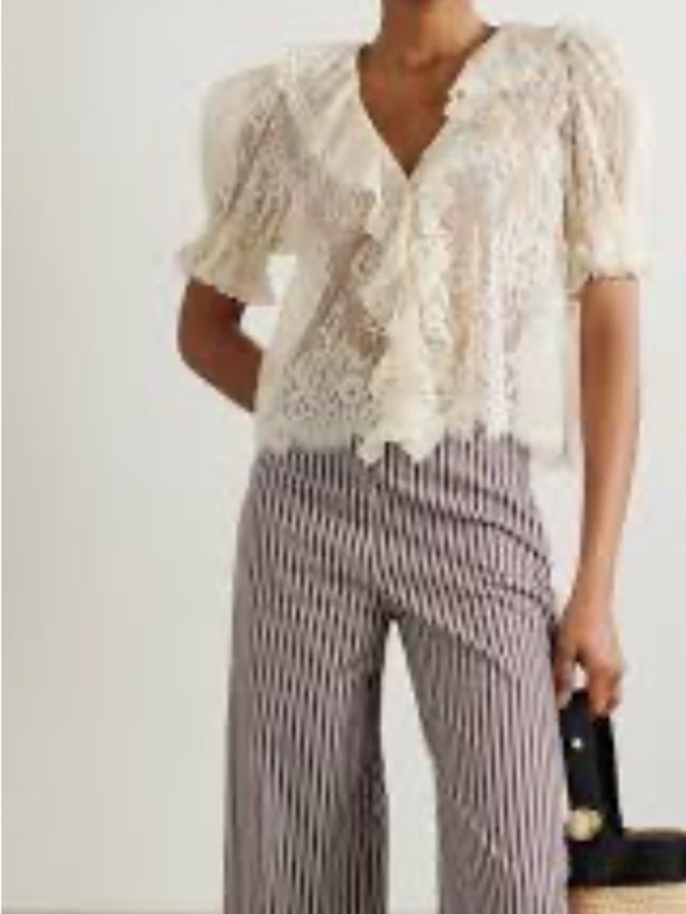 Joie Cream Lace Ruffle-Front Puff Sleeve Blouse
